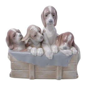 Lladro Porcelain "Pups in the Box" Sculpture