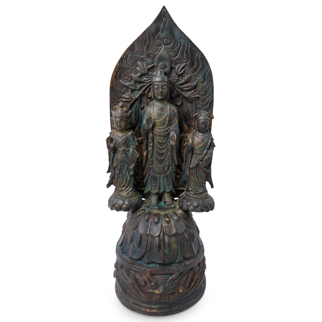 Antique Chinese Buddhist Shaka Triad Gilt Bronze Statue (1 of 6)