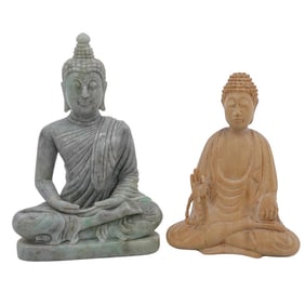 (2 Pc) Vintage Buddha Jade and Wood Statues