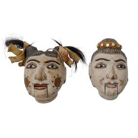 (2pc) Vintage Carved Burmese Yoke Puppet Heads
