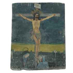 Antique Crucifixion of Christ Oil on Board