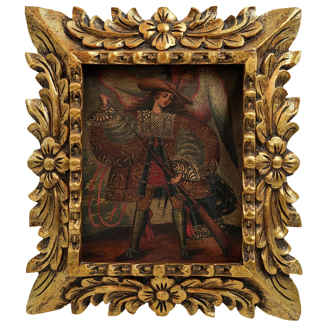 Cuzco School "Angel Arcabucero" Painting: Cuzco School "Angel Arcabucero" Painting 20th Cent. Continental Hand painted anonymous oil on canvas depicting an "Angel Arcabucero" in the Spanish Colonial style. Inspired by the historic Cuzco Schoo