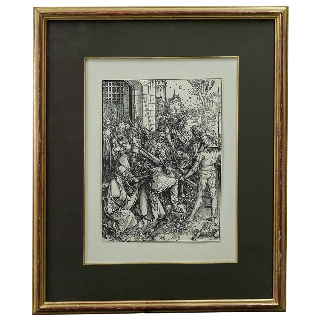 After Durer "Christ Carrying the Cross" Woodcut: After Durer "Christ Carrying the Cross" Woodcut19th century, GermanAfter Albrecht Durer (German, 1471-1528) woodcut titled "Christ Carrying the Cross". Marked at bottom with initial signature. Marked