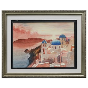 Signed Santorini Watercolor Painting