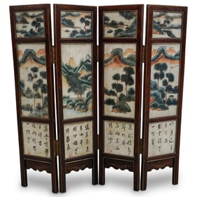 Antique Chinese Hand Painted Stone Table Screen