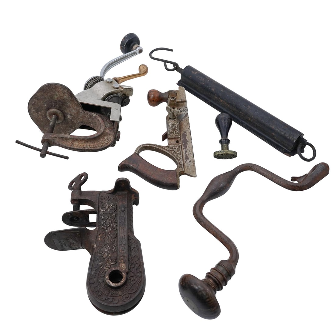 (5 Pc) Antique Industrial Tools: (5 Pc) Antique Industrial Tools19th-20th c.Chatillons spring scaleWax stampWest Can Opener with table clampChampion cast iron corkscrew wine bottle opener with crankAntique metal wood working plane(Sm