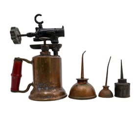 (4 pc) Antique Clayton & Lambert brass Blow Torch & Cans