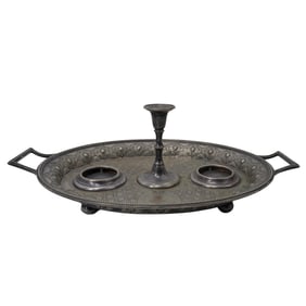 Martin Hall & Co. Engraved Silver Plated Candle Holding Inkwell Tray