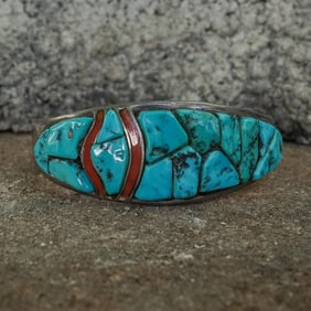Steven Chavez Vintage Zuni Sterling Silver & Turquoise/Coral Inlay Cuff Bracelet