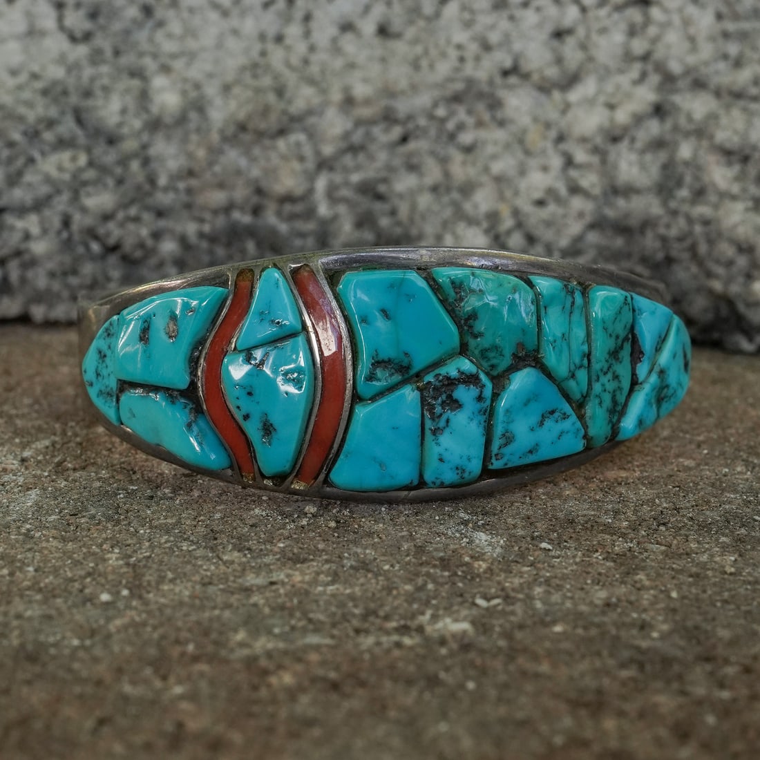Steven Chavez Vintage Zuni Sterling Silver & Turquoise/Coral Inlay Cuff Bracelet (1 of 7)