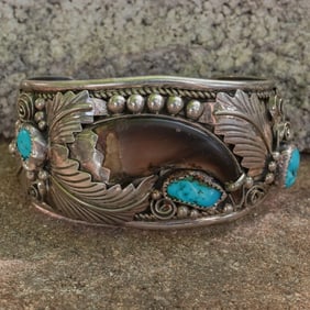 George Etsitty Sterling Silver Bear Claw & Turquoise Cuff Bracelet