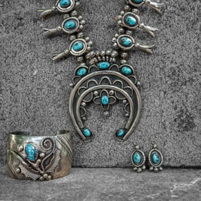 (3-P) Signed Navajo Sterling Silver & Turquoise Squash Blossom Necklace, Bracelet and Earrings
