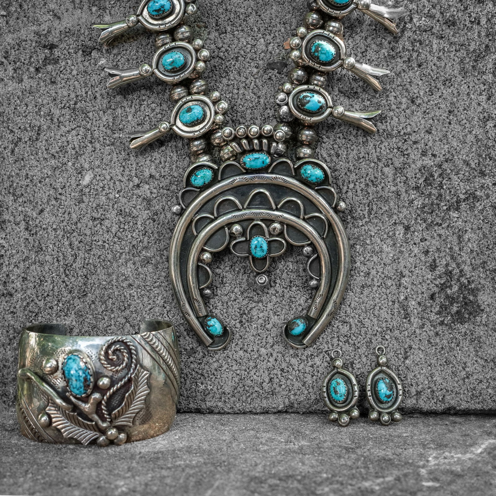 (3-P) Signed Navajo Sterling Silver & Turquoise Squash Blossom Necklace, Bracelet and Earrings (1 of 12)