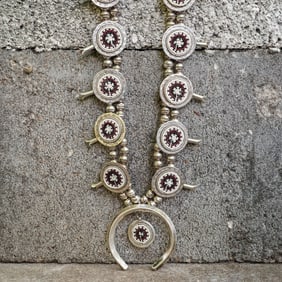 John Delvin Navajo Sterling Silver Beaded Squash Blossom Necklace