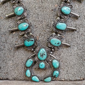 Arnold Maloney Vintage Navajo Sterling Silver & Turquoise Squash Blossom Necklace