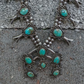 Vintage Navajo Sterling Silver & Turquoise Squash Blossom Necklace