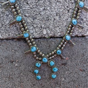 Vintage Navajo Sterling Silver & Turquoise Squash Blossom Necklace