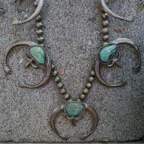 Vintage Navajo Sterling Silver &Turquoise Squash Blossom Necklace