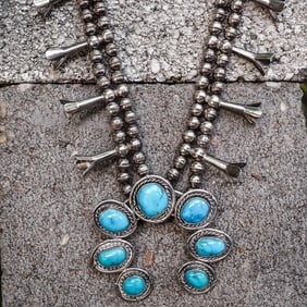 Signed Navajo Sterling Silver & Turquoise Squash Blossom Necklace