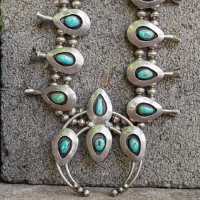 Vintage Navajo Sterling Silver & Turquoise Squash Blossom Necklace