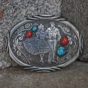 Haskie Leonard Sterling Silver Turquoise and Coral Belt Buckle