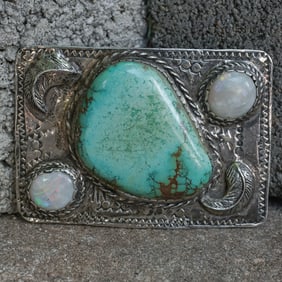 Signed Navajo Sterling Silver Turquoise and Opal Belt Buckle