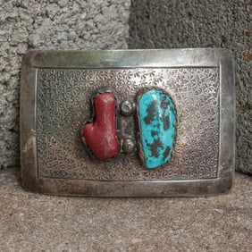 Vintage Navajo Sterling Silver & Turquoise & Coral Belt Buckle