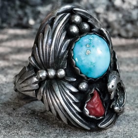 Clyde Yazzie Vintage Navajo Sterling Silver Turquoise & Coral Ring