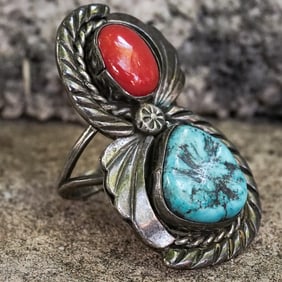 T. Begay Vintage Navajo Sterling Silver, Turquoise & Coral Ring