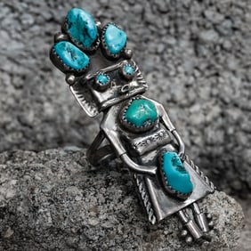 Mary O. Tsotie Vintage Navajo Sterling Silver & Turquoise Kachina Ring