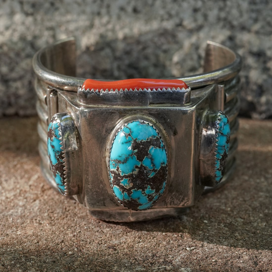 Vintage Henry Yazzie Navajo Sterling Silver, Turquoise & Coral Hinged Watch Cuff Bracelet (1 of 11)