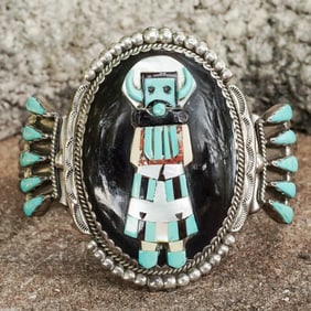 Bev Tsatetse Zuni Sterling Silver & Turquoise Kachina Inlay Cuff Bracelet