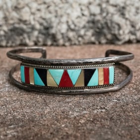 Rosita Yatsattie Vintage Zuni Sterling Silver & Multi-Stone Inlay Cuff Bracelet