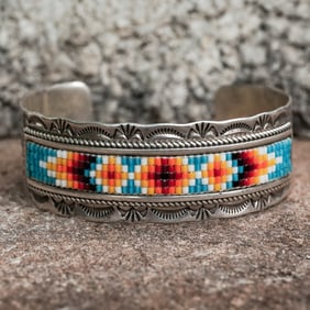 Vintage Signed Navajo Sterling Silver Loom-Beaded Pattern Cuff Bracelet