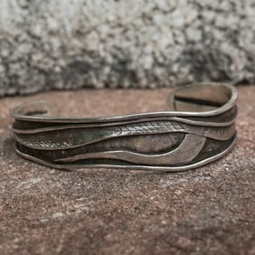 Vintage Signed Navajo Sterling Silver Overlay Cuff Bracelet