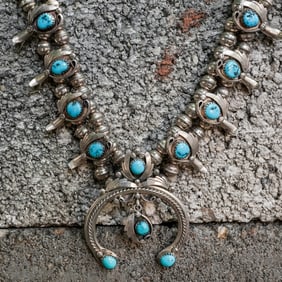 Lyle Haley Vintage Sterling Silver & Turquoise Squash Blossom Necklace