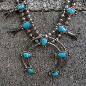 Vintage Navajo Sterling Silver & Turquoise Squash Blossom Necklace