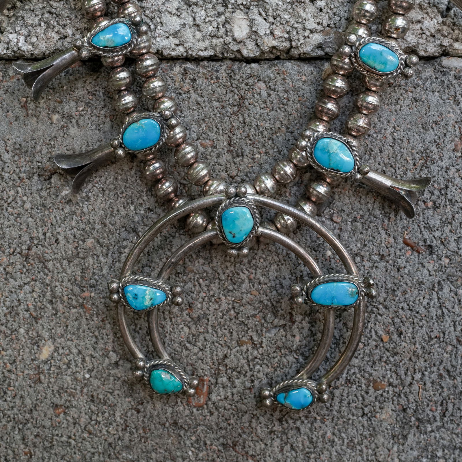 Vintage Navajo Sterling Silver & Turquoise Squash Blossom Necklace (1 of 6)