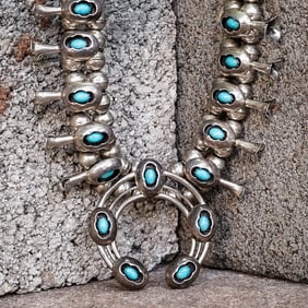 Everett Begay Vintage Sterling Silver & Turquoise Squash Blossom Necklace