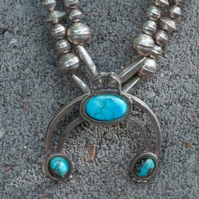 Vintage Navajo Sterling Silver & Turquoise Squash Blossom Necklace