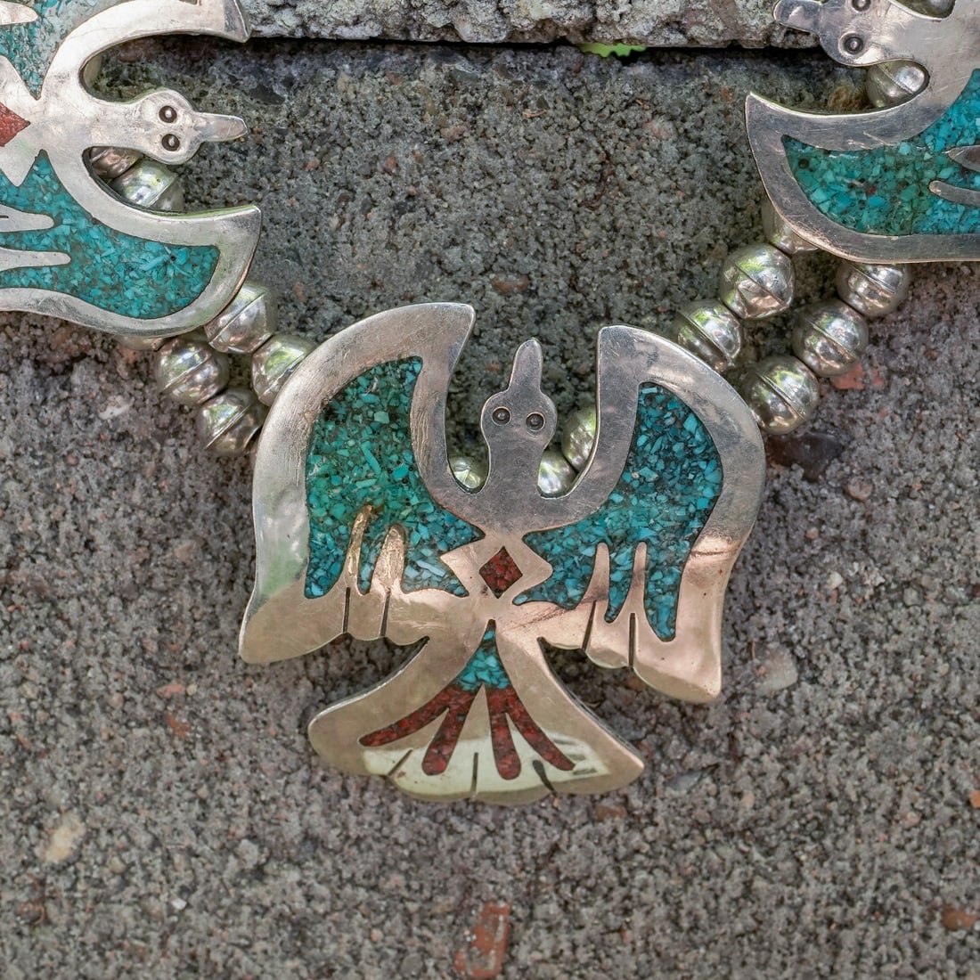 Vintage Navajo Sterling Silver, Turquoise & Coral Squash Blossom Necklace (1 of 6)