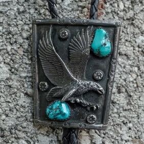 Vintage Navajo Sterling Silver & Turquoise Bolo Tie Signed