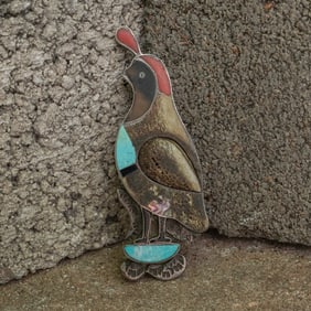 Vintage Zuni Sterling Silver & Multi-Stone Inlay Quail Bolo Tie