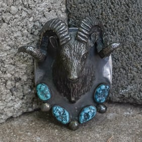 Signed Navajo Sterling Silver Ram’s Head & Turquoise Bolo