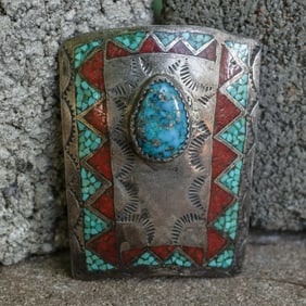 Cynthia Begay Navajo Sterling Silver, Turquoise & Coral Inlay Bolo Tie