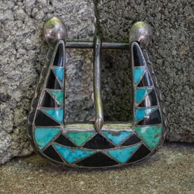 Zuni Sterling Silver Inlay Belt Buckle, Turquoise, Jet & Malachite