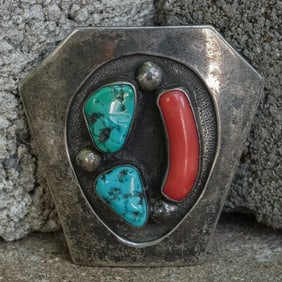 Mitchell Calabaza Sterling Silver Turquoise & Coral Belt Buckle