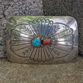 Navajo Sterling Silver Turquoise & Coral Belt Buckle