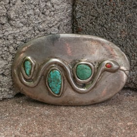 Vintage Southwestern Silver, Turquoise and Coral Snake Belt Buckle