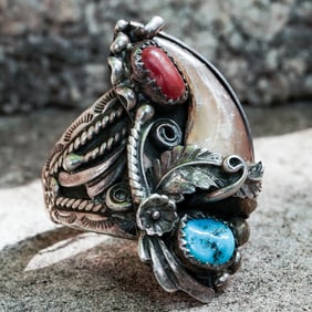 Sharon Cisco Vintage Navajo Sterling Silver, Turquoise, Coral & Bear Claw Ring